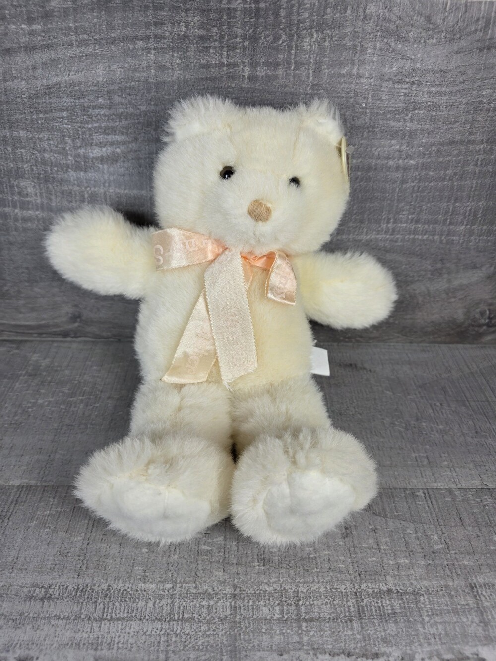 Heartline Teddy Bear Vtg 1980s Stuffed Animal Plush Ivory Bear Pink Bow 8” g71